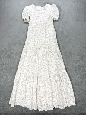 Vintage Cotton Prairie Floral Maxi Dress with Eyelet Detail and Puff Sleeves